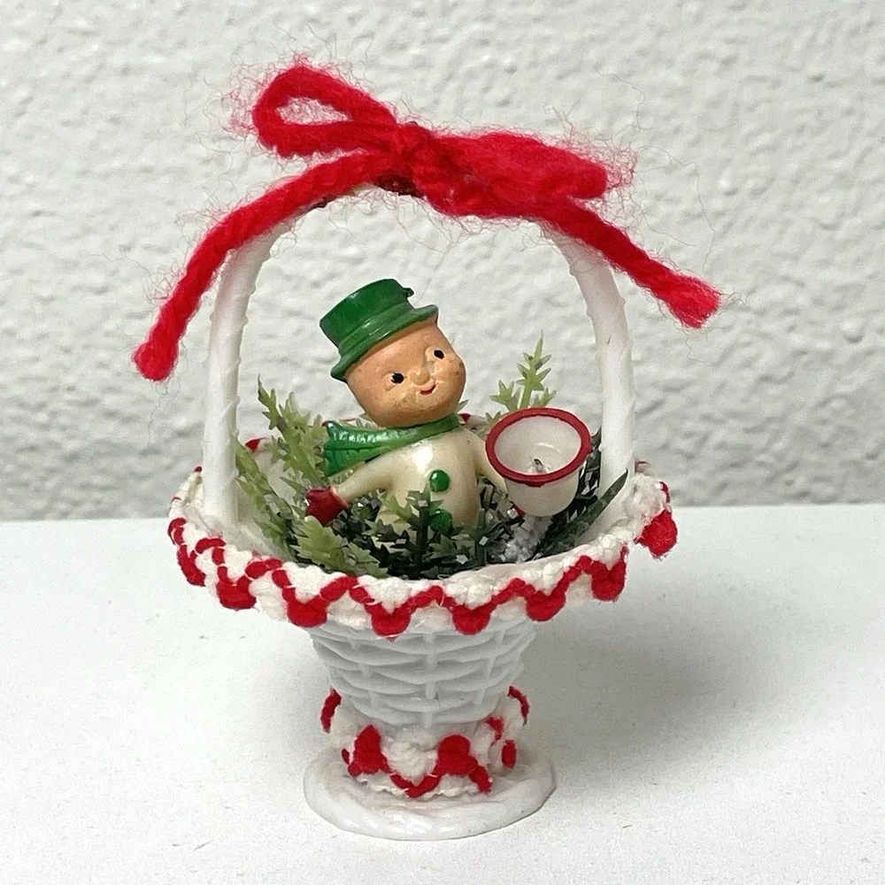 Vintage MCM Christmas Boy in Basket Plastic Ornament Hong Kong 3.5